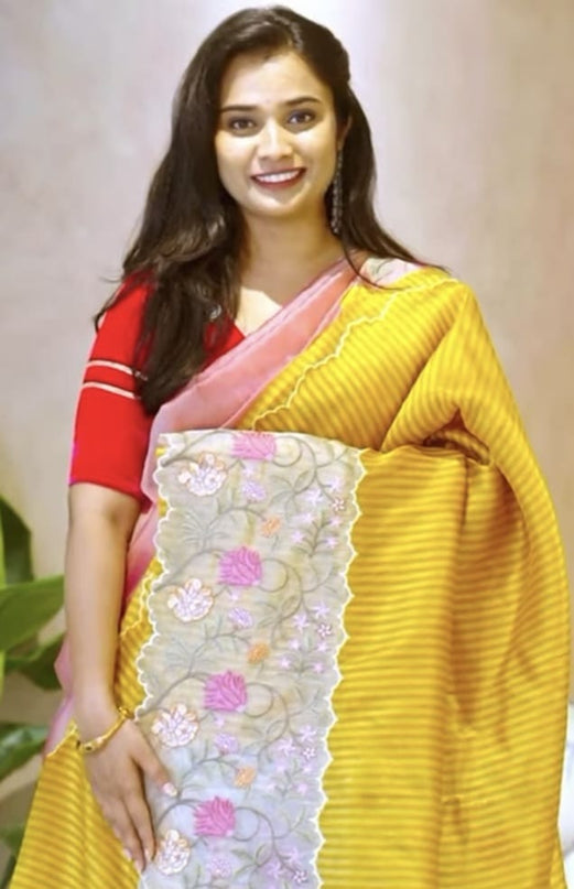 Soft Tissue Saree and Golden Lines and Thread Work  scallop border -Yellow