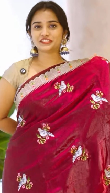 Soft Velvet Sarees With thread Embroidery Border - Maroon