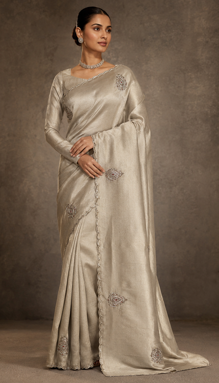 Banaras saree with Sequence Work  and kardhana work Scallop Border - Cream
