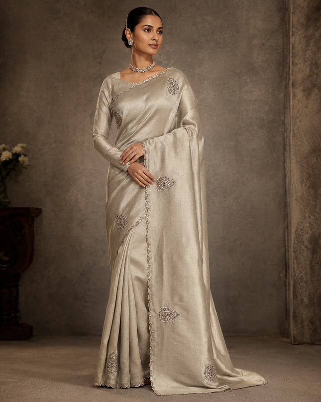 Banaras saree with Sequence Work  and kardhana work Scallop Border - Cream