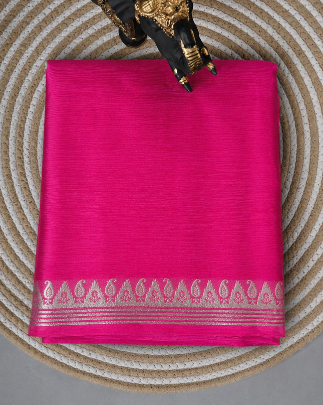 Crepe Saree with Golden Zari contrast Border -Rani Pink