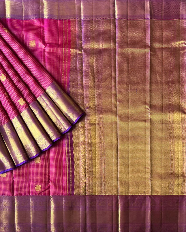 Pure Pattu Saree With Golden Check Weaving and Horse Buttes and Kaddi Border - Maroon