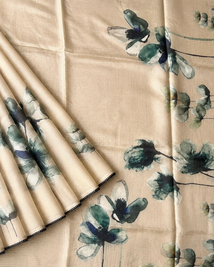 Silk Kota Saree with Floral Print and Lace  Border-  Beige