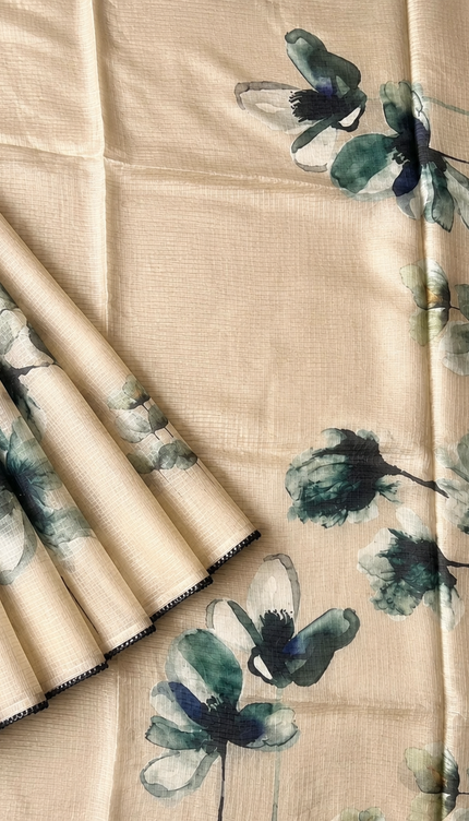 Silk Kota Saree with Floral Print and Lace  Border-  Beige