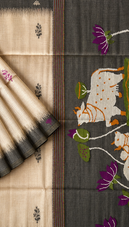 Cotton Chanderi  Jamdan Saree with Self Weaving Floral Design - Cream