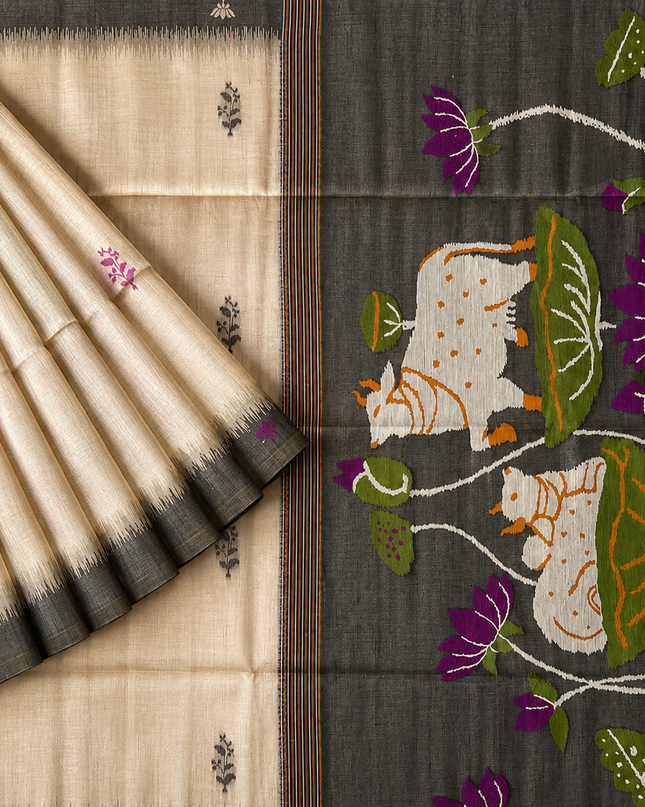 Cotton Chanderi  Jamdan Saree with Self Weaving Floral Design - Cream