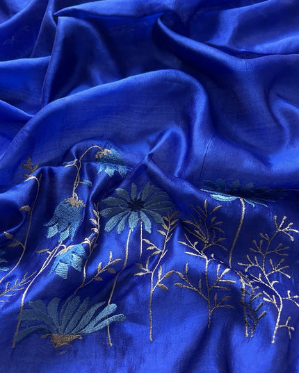 Pure Orznga  Saree With Allover Golden Checks and Thread work  Buttes and Small Golden Border- Royal Blue