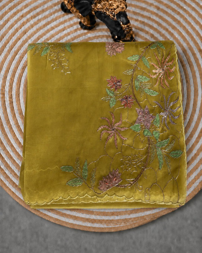 Soft Orznga Saree with Applique work And Ari Work with Scallop Border - Mehandi Green