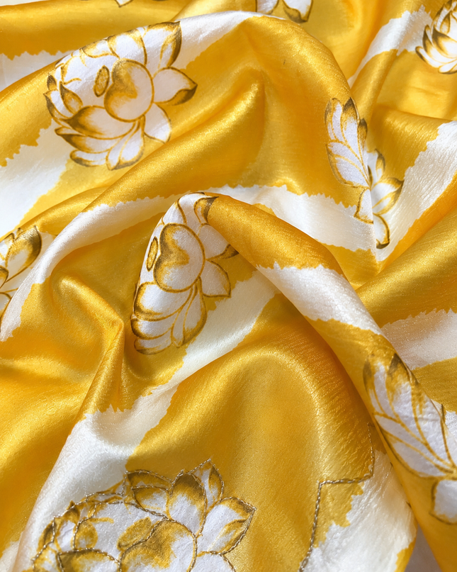 Soft Crush Floral Print With Ari Work and Scallop Border - Mustard