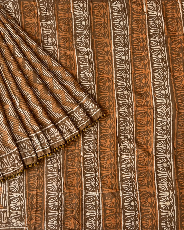 Mul Cotton Saree with Hand Block Print Border- Brown