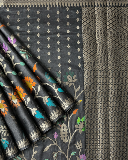Chanderi  Silk Saree with All over Jamdani weaving style and golden Zari border - Black