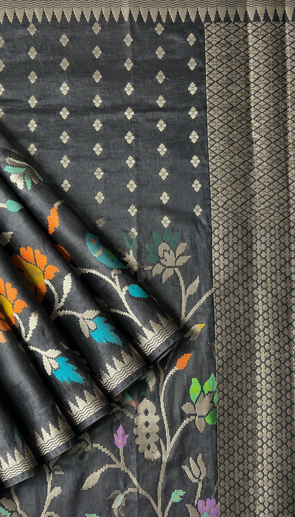 Chanderi  Silk Saree with All over Jamdani weaving style and golden Zari border - Black