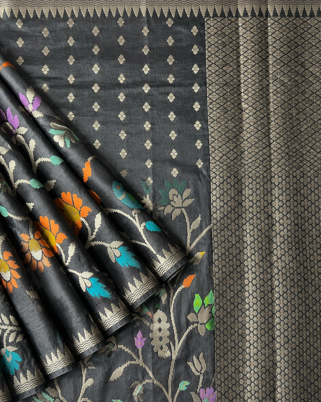 Chanderi  Silk Saree with All over Jamdani weaving style and golden Zari border - Black