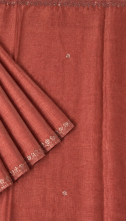 Tissue Linen Saree with Mirror Work Border- Peach