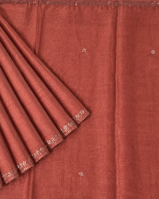 Tissue Linen Saree with Mirror Work Border- Peach