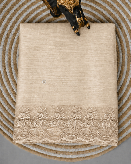 Malai Chanderi Saree with Allover small mirror work and  Thread Embroidery  Scallop Border  -Tan