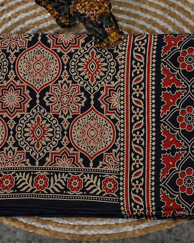 Modal silk saree with ajrakh Design and  Contrast Border -  Navy