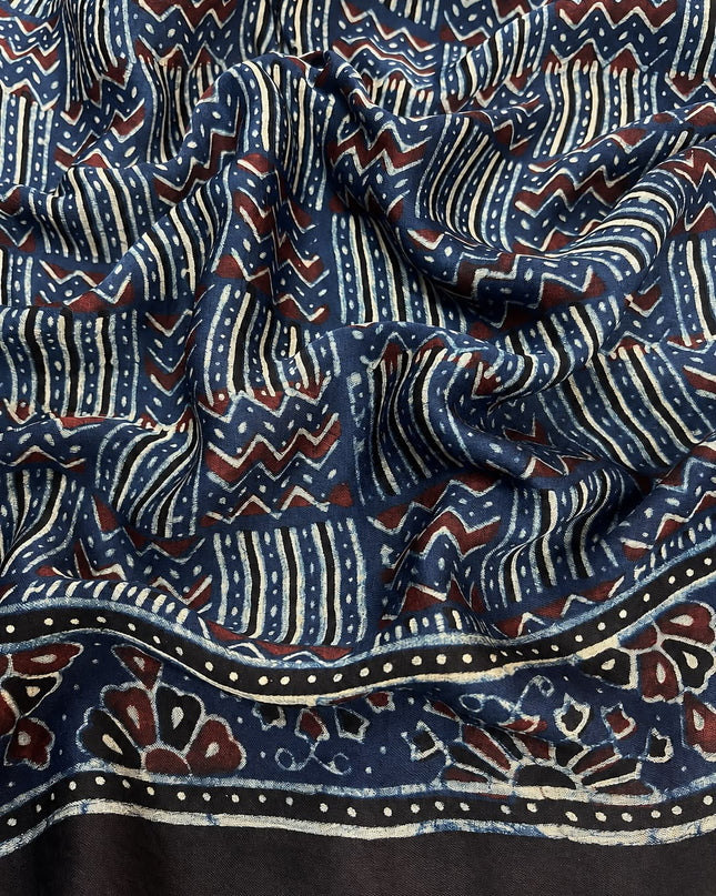 Modal silk saree with ajrakh Design and  Contrast Border - Blue