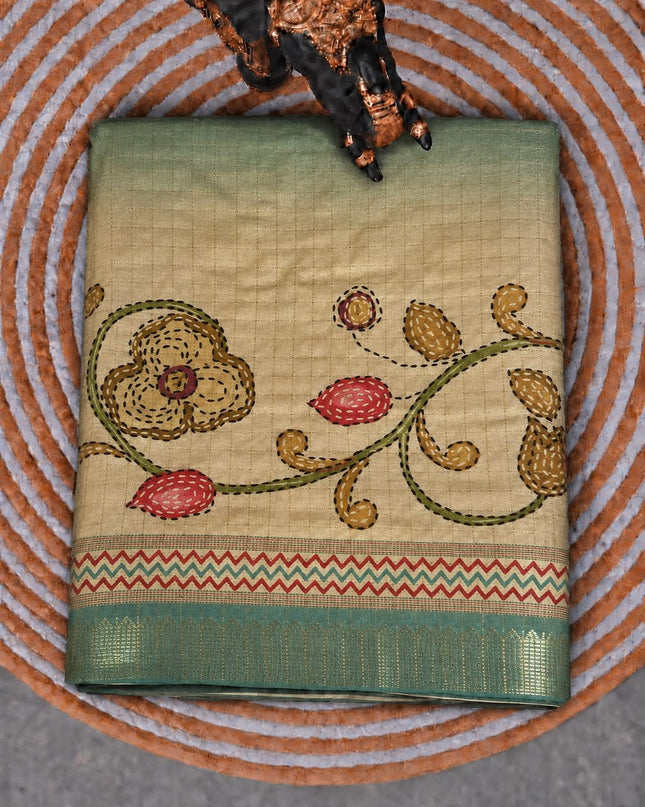 Tusser Saree with Floral and Golden Checks Design and Golden  Border -  Sage Green