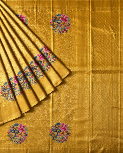 Banaras saree Self Weaving pet point  Work Butties and Kaddi Border - Mustard