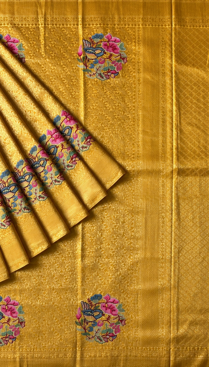 Banaras saree Self Weaving pet point  Work Butties and Kaddi Border - Mustard