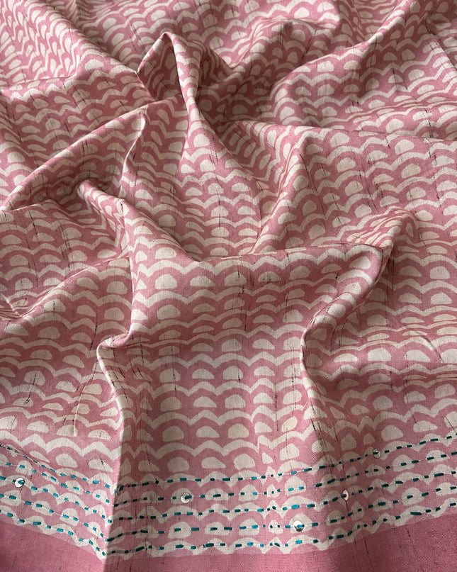 Tusser Saree with Floral and Peacock  Print with Kantha Work and contrast Border - Pink