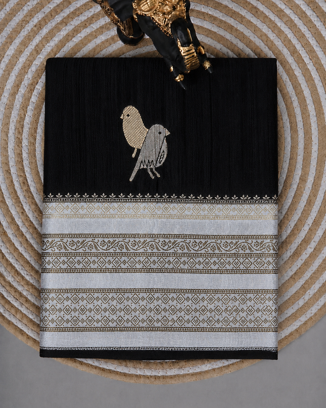 Raw silk sarees with Gold and Silver Zari Peacock design and Contrast border - Black