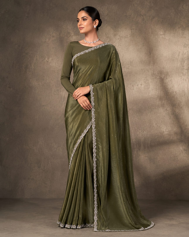 Glass Tissue Saree with Stone work and Kardhana Work and Scallop Border - Green
