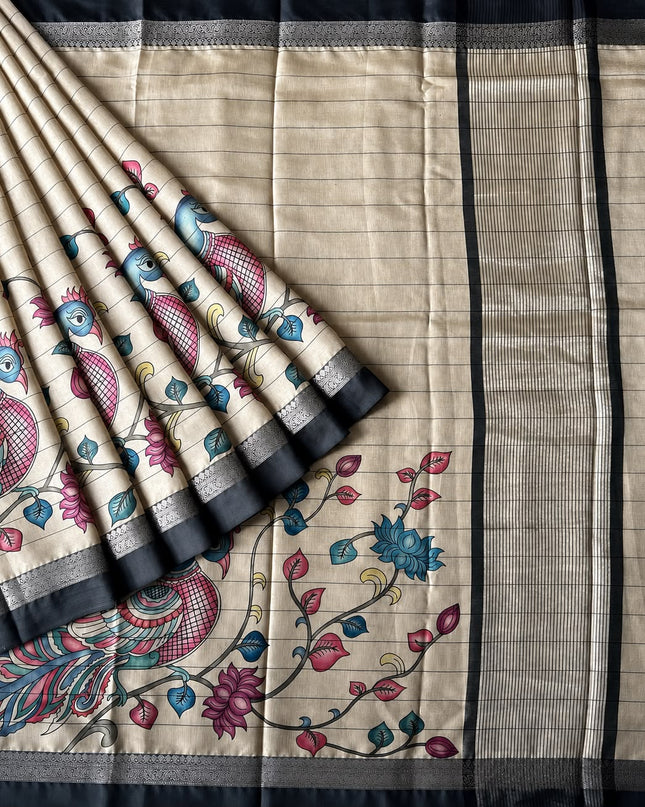 Tusser Saree With Floral and Peacock  Print and Contrast Border- Tan & Black