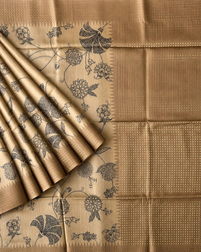 Tusser Silk saree with Floral Print -Tan
