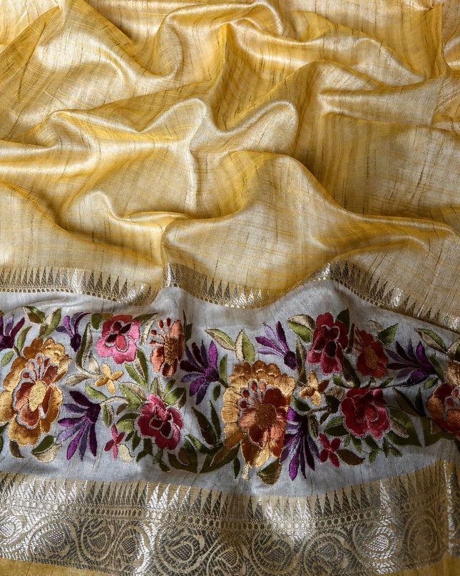 Kora Tusser saree Gap Border with Parce  Work Border - Mustard