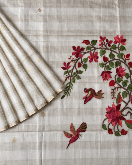 Cotton Chanderi Jamdani Saree with Self Weaving Floral Design - Off White
