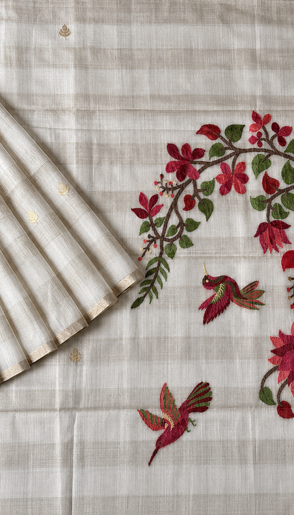 Cotton Chanderi Jamdani Saree with Self Weaving Floral Design - Off White