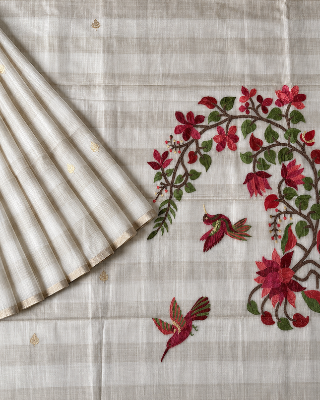 Cotton Chanderi Jamdani Saree with Self Weaving Floral Design - Off White