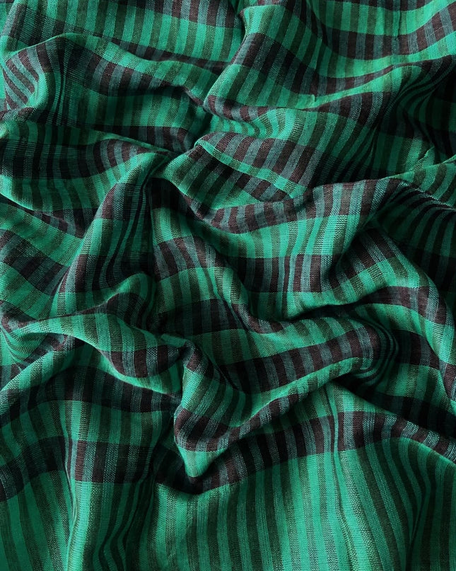 Cotton Saree With Checks Design and Tassels - Green