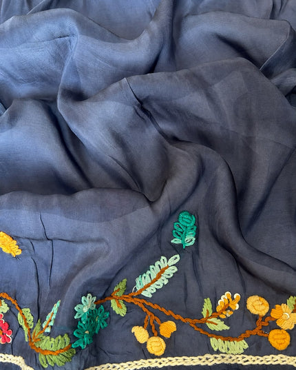 Russian Silk Saree with  Kantha Work - Navy Blue