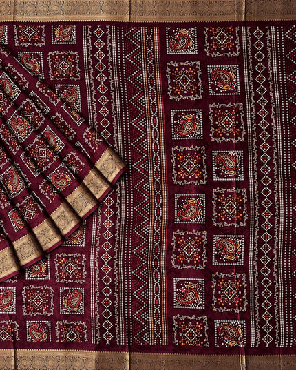 Tusser Silk Saree With Bhandni Print and Golden Border - Wine
