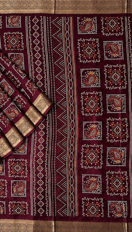 Tusser Silk Saree With Bhandni Print and Golden Border - Wine