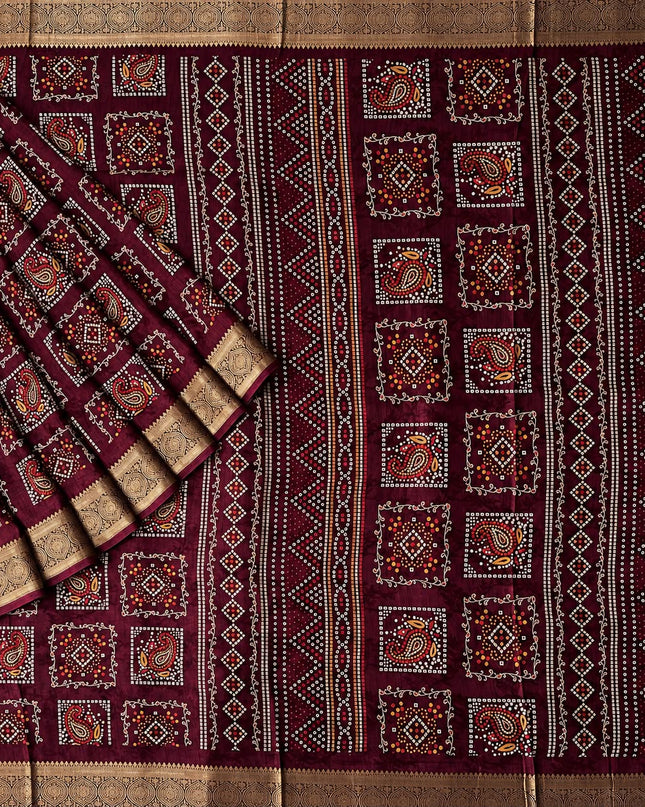 Tusser Silk Saree With Bhandni Print and Golden Border - Wine