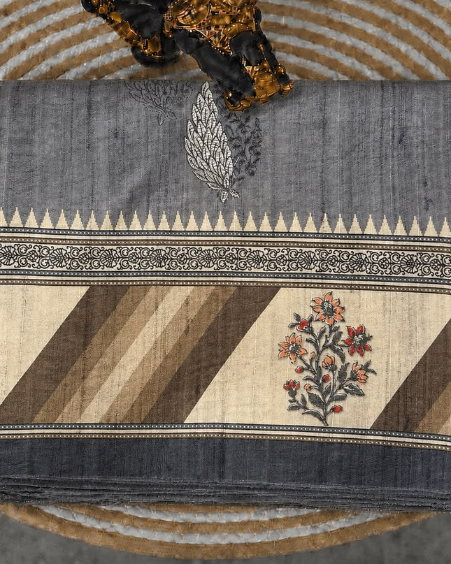 Tusser Saree With All Over Thread Embroidery  Work Flower Print Border -Grey