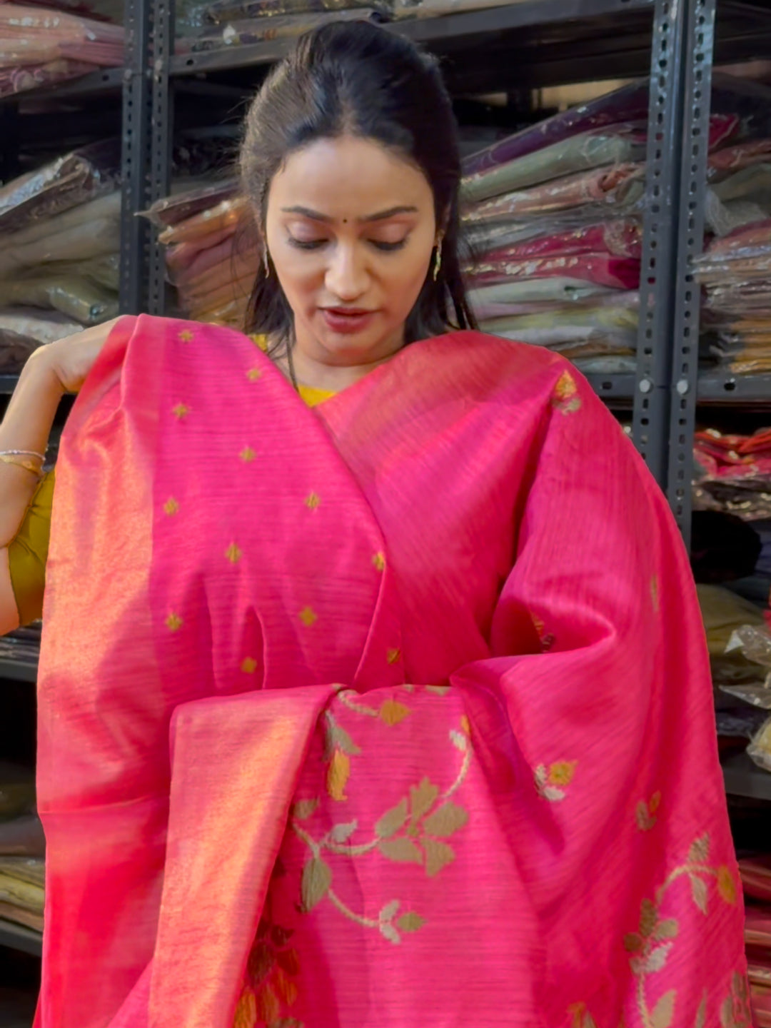 Jute Tussar Saree with cross stitch pattern -  Pink