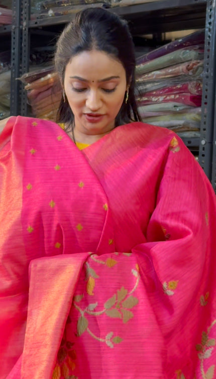 Jute Tussar Saree with cross stitch pattern -  Pink