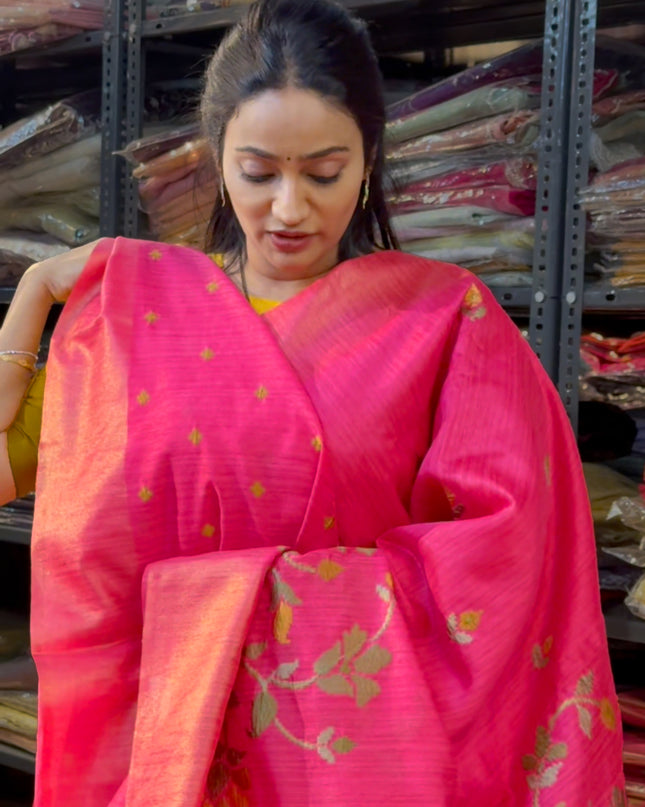 Jute Tussar Saree with cross stitch pattern -  Pink