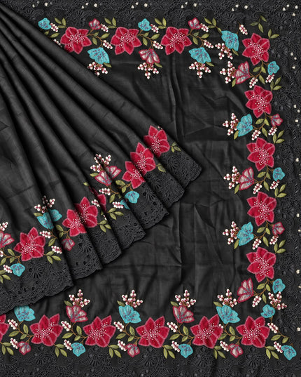 Dupion Silk  Saree with Applique work and Cut work Border - Black