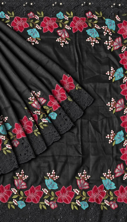Dupion Silk  Saree with Applique work and Cut work Border - Black