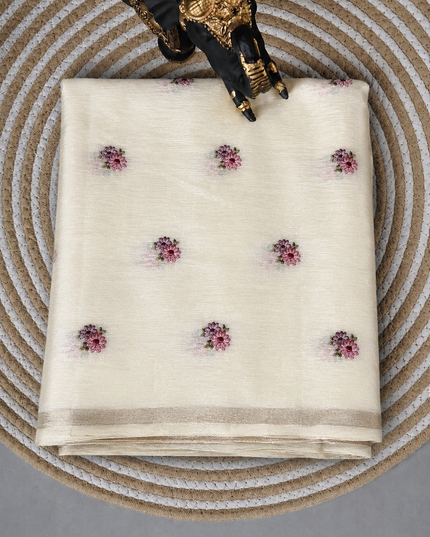 Mul Chanderi saree with Thread Embroidery Butties And Golden Zari Border  - Off White