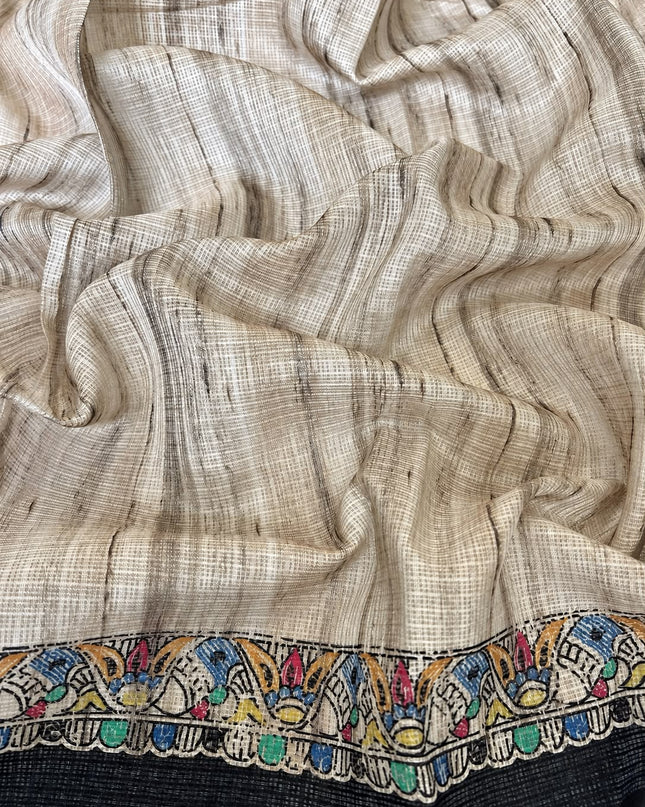 Silk Kota Saree With Block Print  - Black