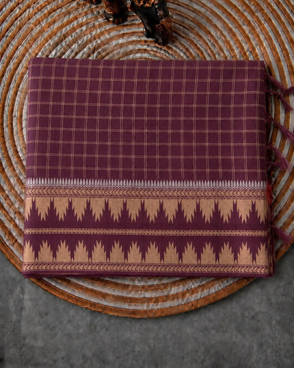 Green Silk Saree with Checks Design And Temple Design Border - Brown