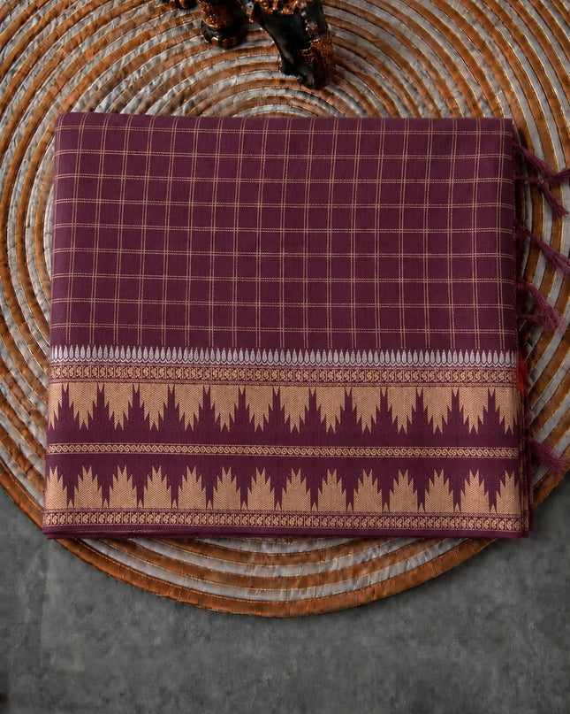 Green Silk Saree with Checks Design And Temple Design Border - Brown
