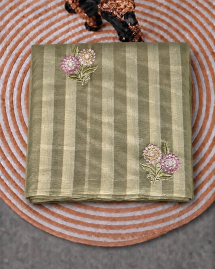 Chanderi Tissue Saree with Floral Thread Motif -  Light Lemon Yellow